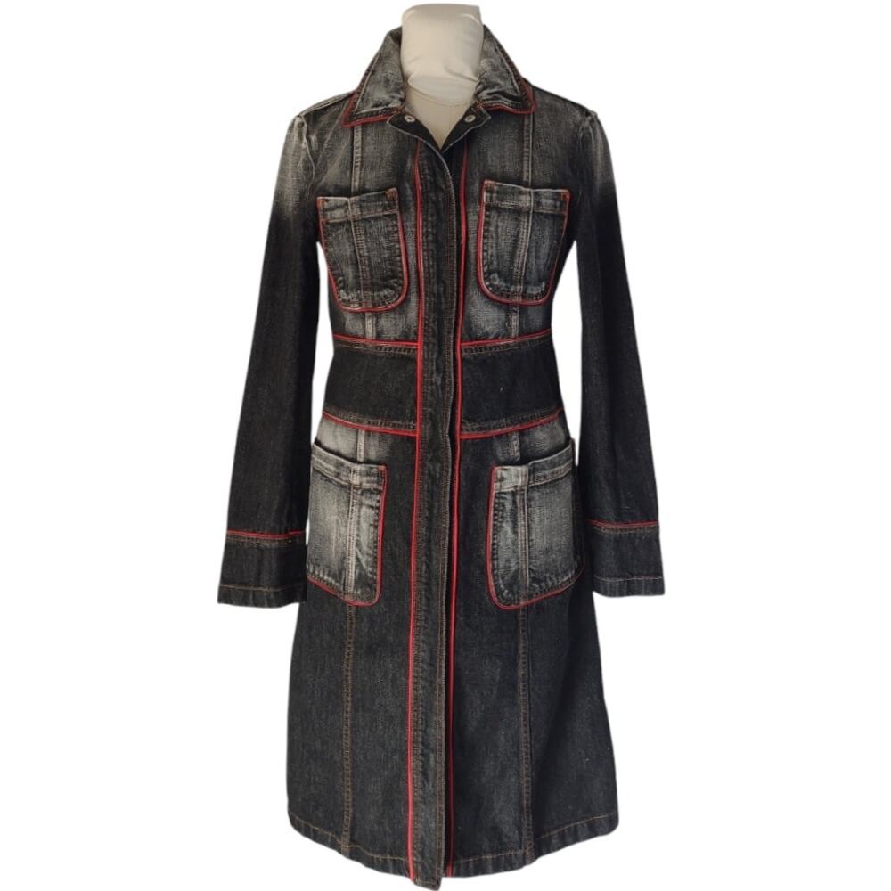 DKNY Black Jean Jacket Dress Sz 4 Red Piping Snap Front Coat Military Streetwear